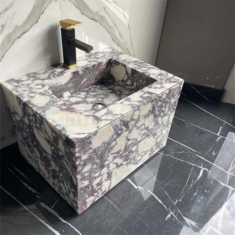 Modern Calacatta Viola Marble Sink Powder Room Floating Basin Marble Vanity Cabinet Drawers Bathroom Vanity