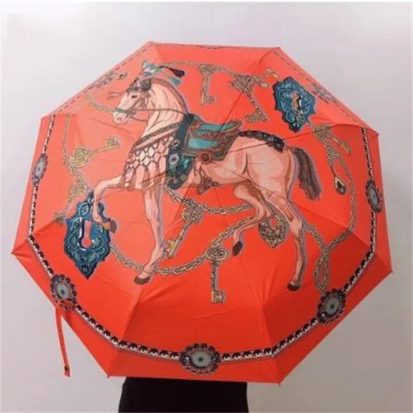 Summer Watercolor Horse Fully-Automatic Rain Umbrella Outdoor Foldable Sun Umbrella for Women Males