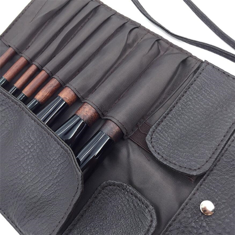 High Quality Wood Cosmetic Brush Set with PU Pouch