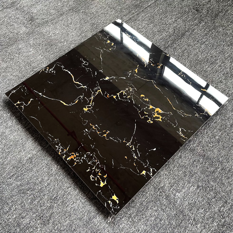 Latest Design Ceramic 60X60 Glossy Black Marble Floor Teil Black and Gold Tiles
