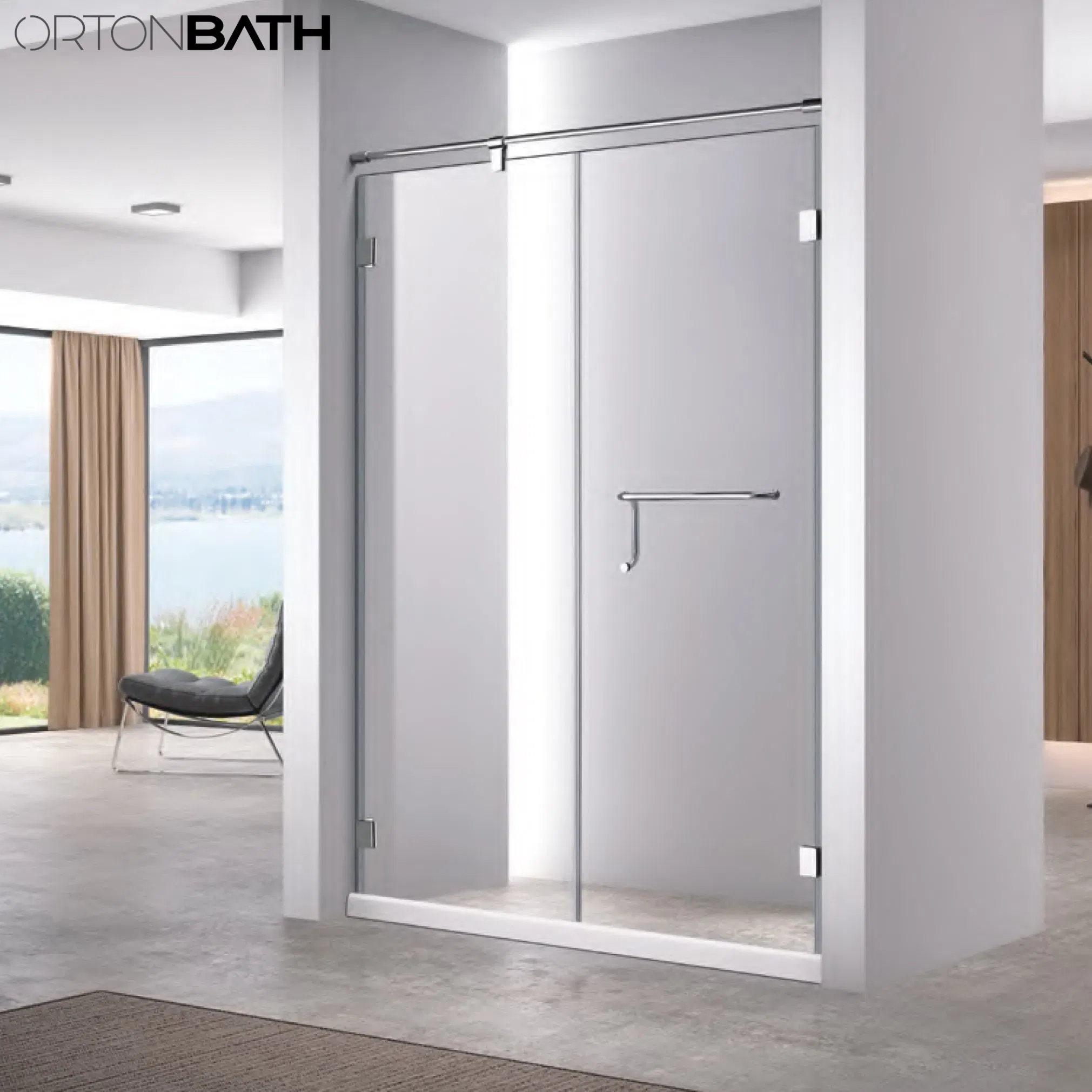 Ortonbath CE Certified Clear Transparent Framed Pivot Silver Thick Customizable Tempered Glass Bathroom Shower Enclosure with Support Frame and Aluminum Profile