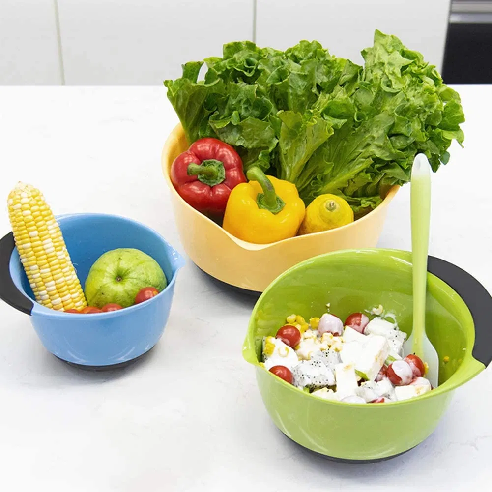 Plastic Nesting Mixing Bowls Set with Rubber Grip Handles Easy Pour Spout