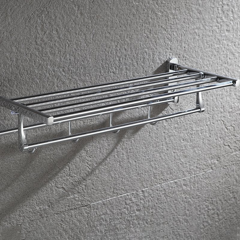 Bathroom Wall Mounted Foldable Towel Rack with Towel Hooks Polished Silver