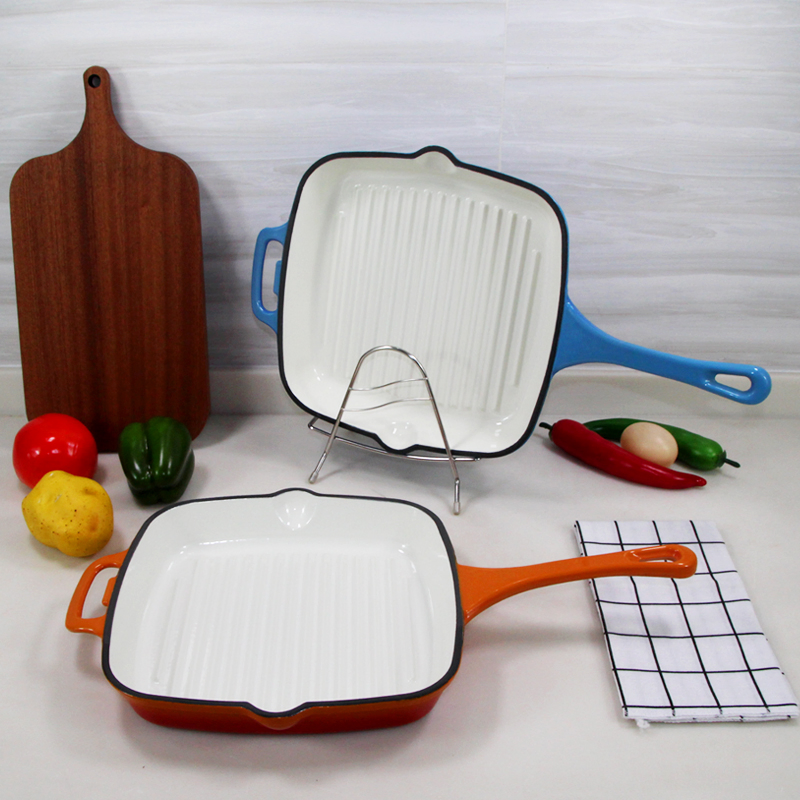 10.3'' Inch Enamel Cast Iron Steak Grill Griddle Pan Kitchenware Cookware Cooker Orange Color