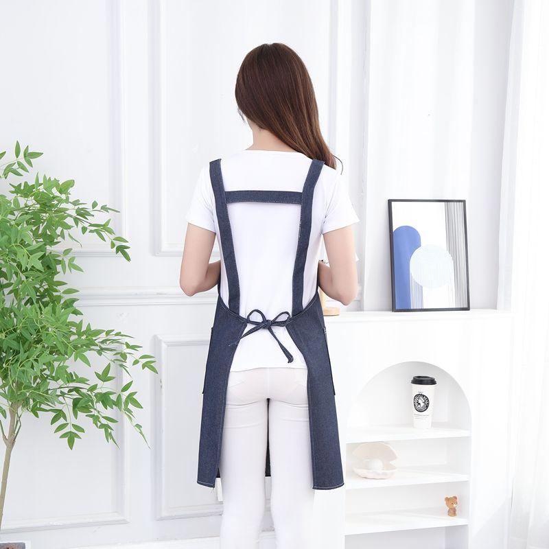 Custom Print Adult Denim Double Shoulder Household Kitchen Cook Chef Bib Apron with Pockets