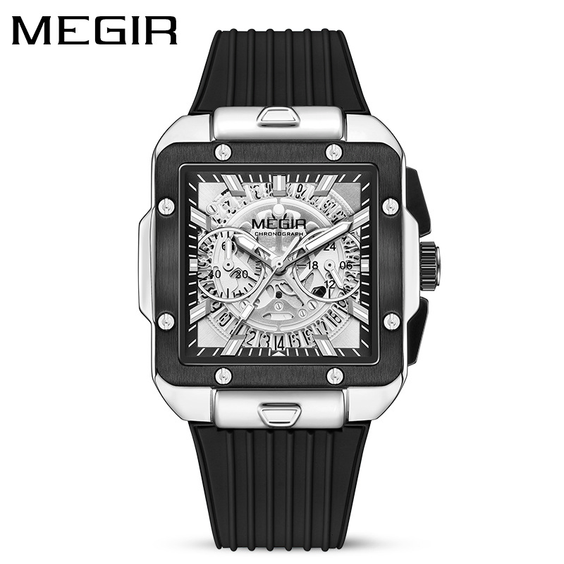 Megir 2228g New Square Men's Silicone Strap Multi-Functional Timing Sports Quartz Watch