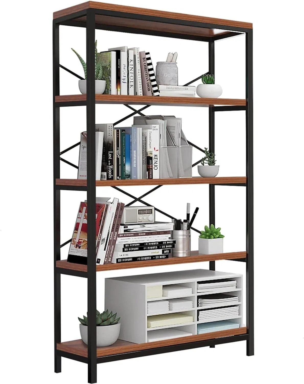 Modern 5-Tier Brown Metal Frame Bookcase with Durable Wire Shelves