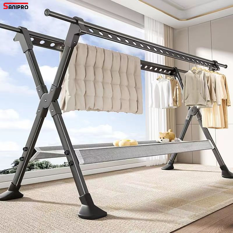 Sanipro Floor-Standing Aluminum X-Shaped Retractable Garment Drying Hanger Balcony Outdoor Folding Clothes Rod Hanging Rack