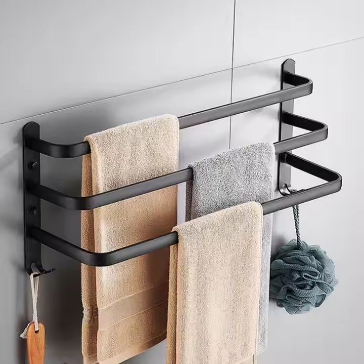 Stylish Matte Black Towel Rack with Hook for Bathrooms