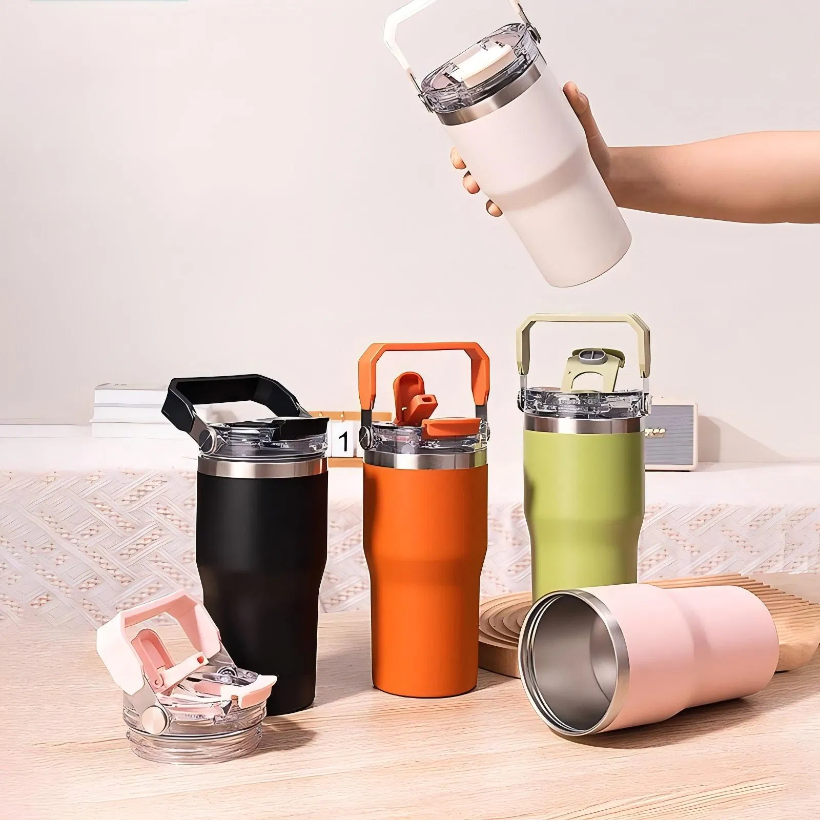 New Lid 20oz 30oz Travel Tumbler Water Bottle Double Wall Vacuum Insulated Coffee Mug Vacuum Flask with Straw and Handle 900ml Stainless Steel Cup
