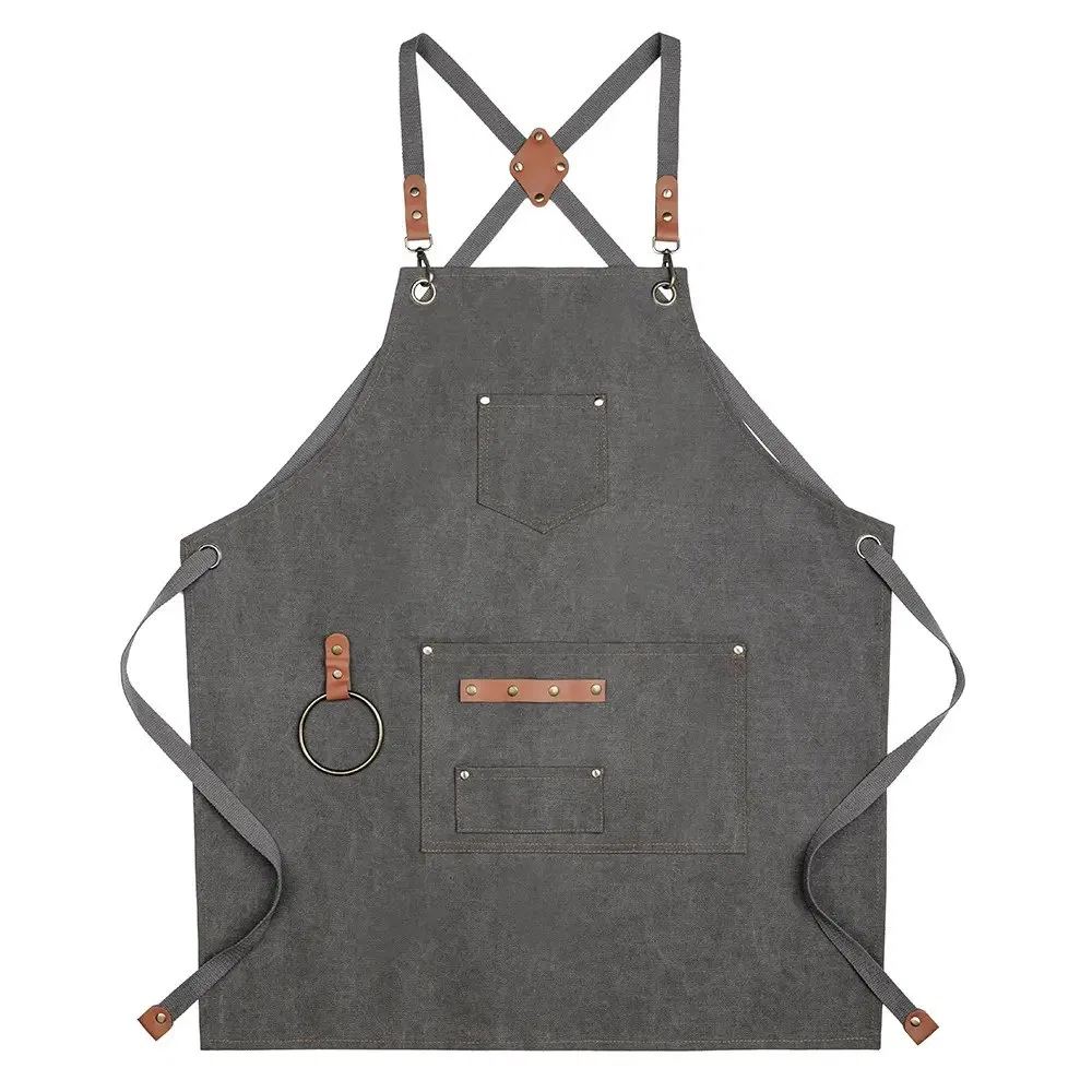 Custom Brand Logo Printed Black Pink Grey Promotion 100% Organic Cotton Canvas Cotton Kitchen Cooking Chef Adluts Aprons with Two Pockets