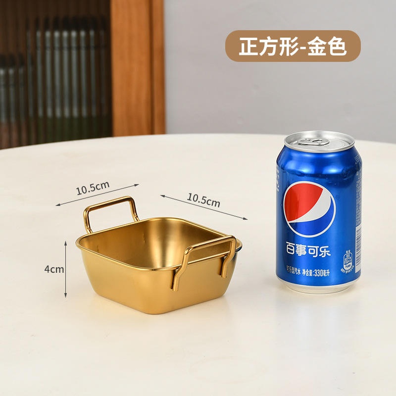 Wholesale 18/8 304 Stainless Steel Korean Golden Snack Square Plate French Fries Basket Dessert Plate with Double Handles Tray