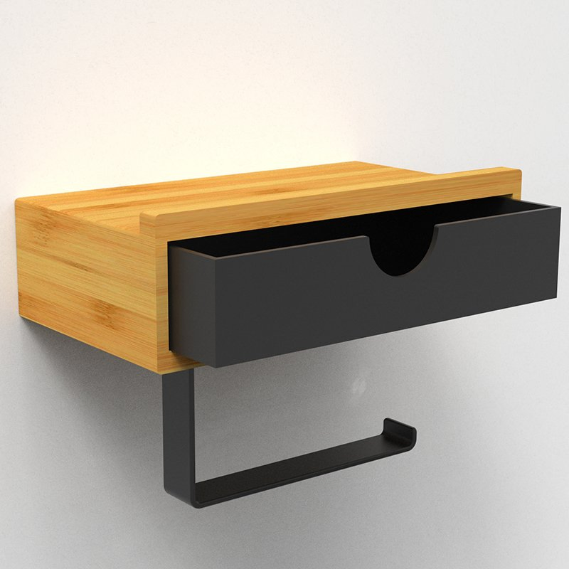 Bathroom Bamboo Wall Mounted Paper Roll Holder with Drawer Organizer