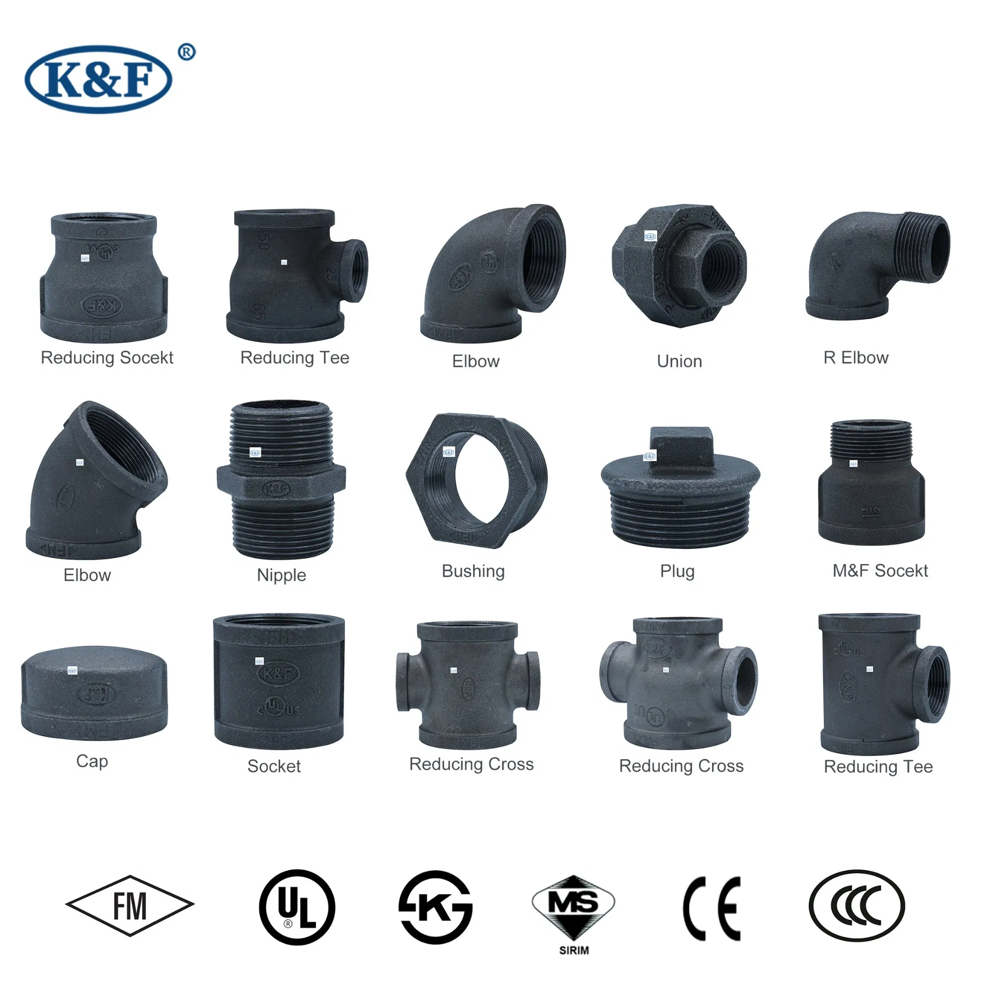 Kanaifu Black Malleable Iron Mi Black Iron Water Pipe Fitting Elbow Cross Tee Union Nipple Coupling