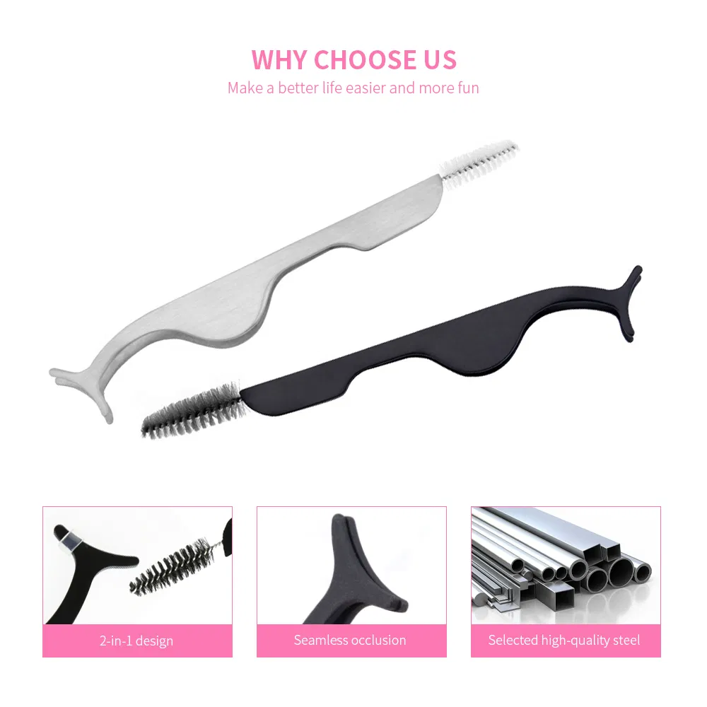 Slanted False Lash Eyebrow Tweezers Stainless Steel Rounded Lashes Eyelash Extension Pliers with Brush