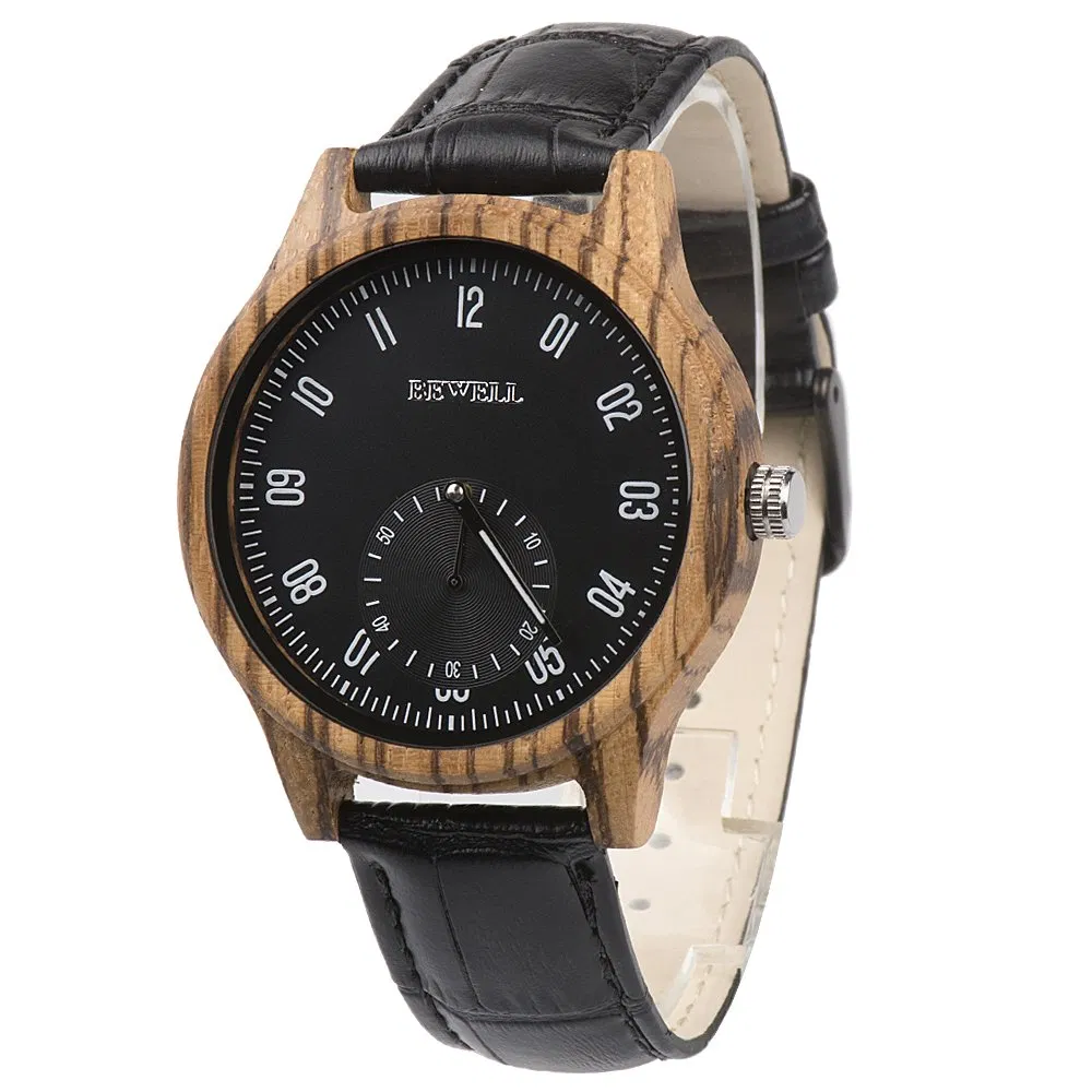 Bewell Modern Men's Natural Wooden Wristwatches with Leather Strap Custom Logo Watches Men Wrist Relogio Masculino
