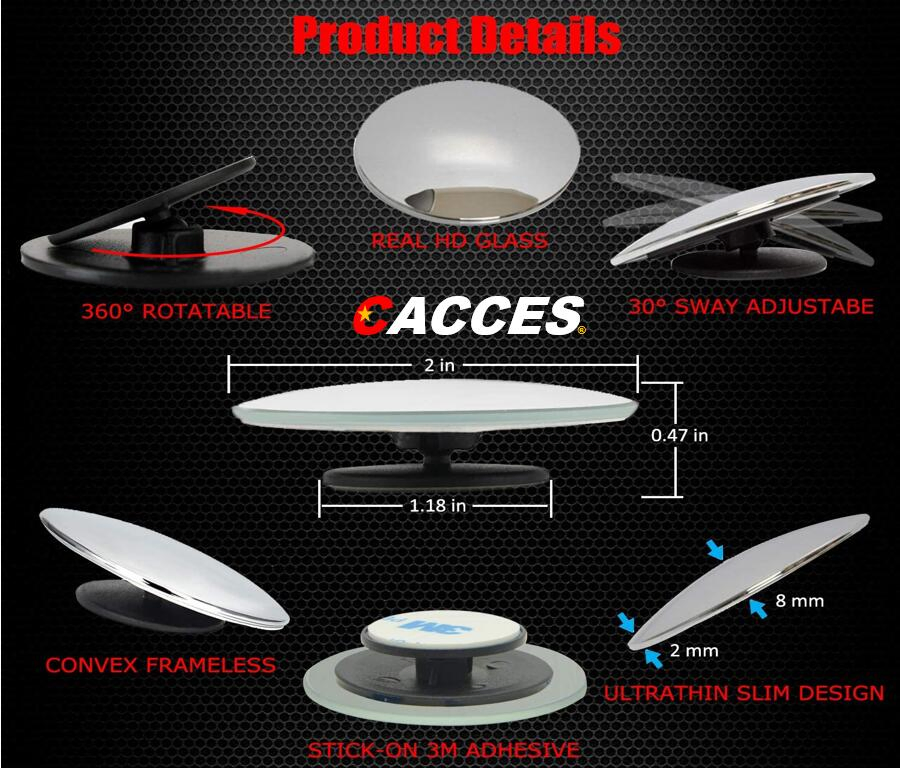 2-Pack Blind Spot Mirror, 2" Round HD Glass Frameless Convex, 360° Adjustable Stick-On for Car