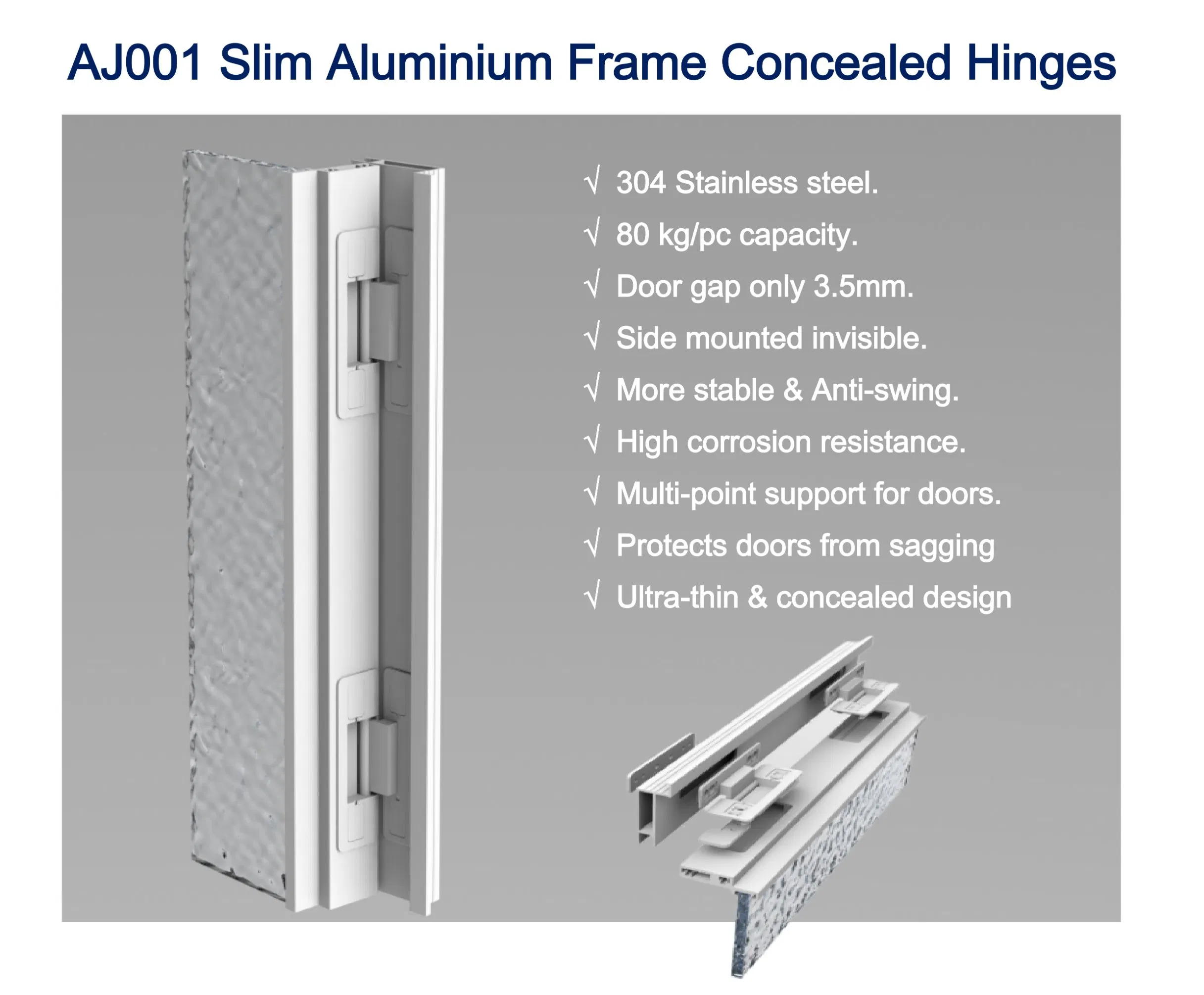 Invisible Stainless Steel 304 Super Slim Aluminum Frame Concealed Sliding Door Hinge