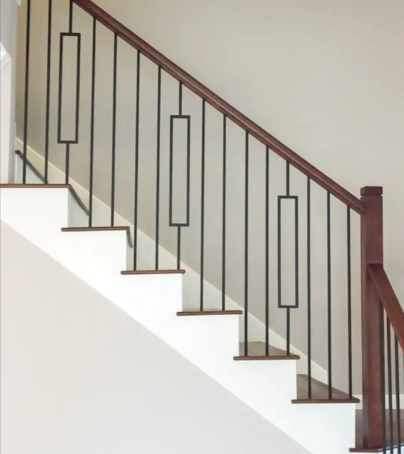 Wrought Iron Single Rectangle Laser Baluster Stair Railing Satin Finish Steel Handrail for Deck