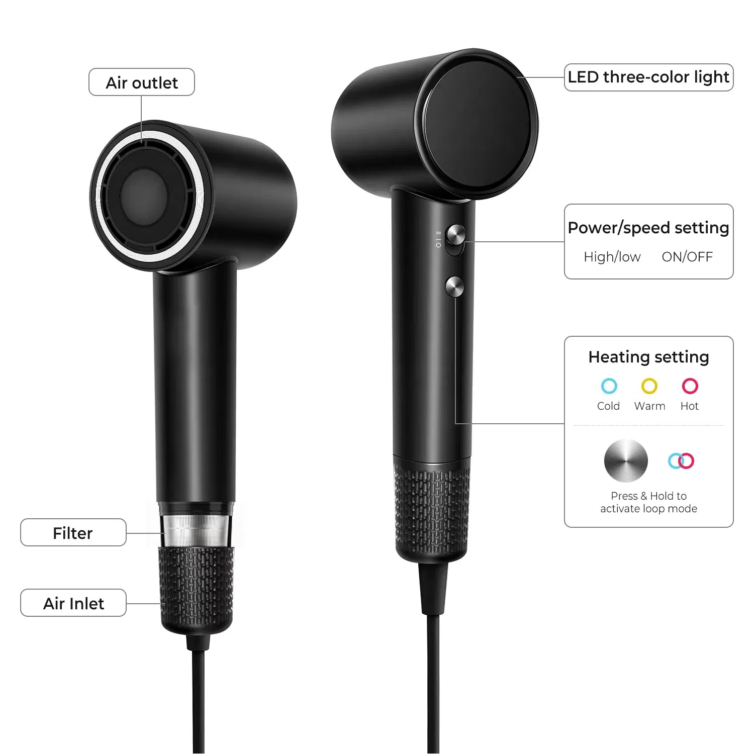 Luxury Fast-Drying Hammer Hair Dryer 1400W Advanced Ionic Technology Handheld Blow Dryer with Three Heat Settings