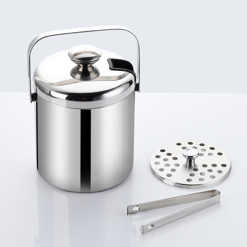 304 Stainless Steel Ice Bucket Double Layer with Lid 1.3L Straight Double-Walled Champagne Cooler Hotel Supplies