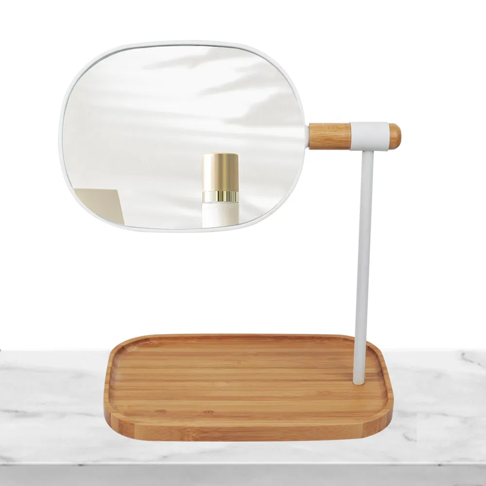 Environmental Protection Desktop Storage cosmetic Bamboo Base Standing Round Makeup Mirror with Two Sides