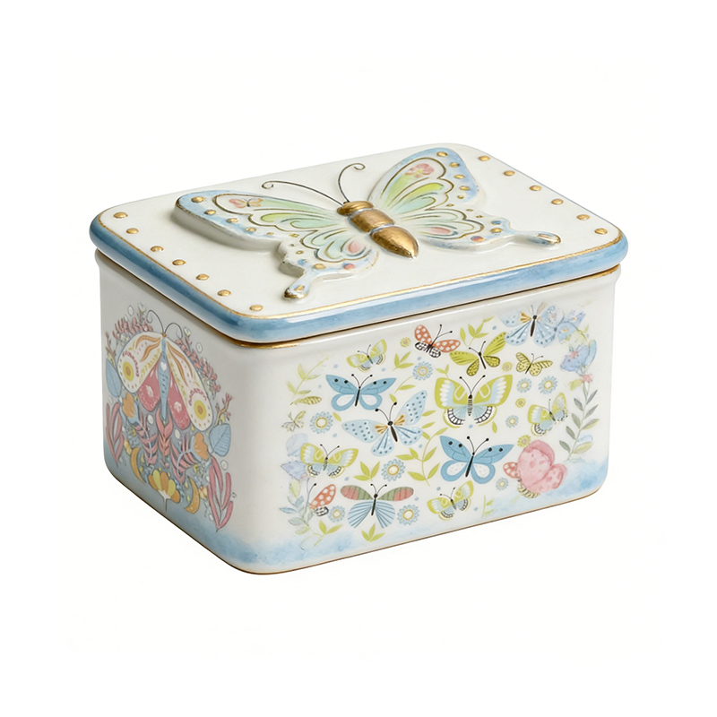 Decorative Ceramic Trinket Box with 3D Butterfly Lid