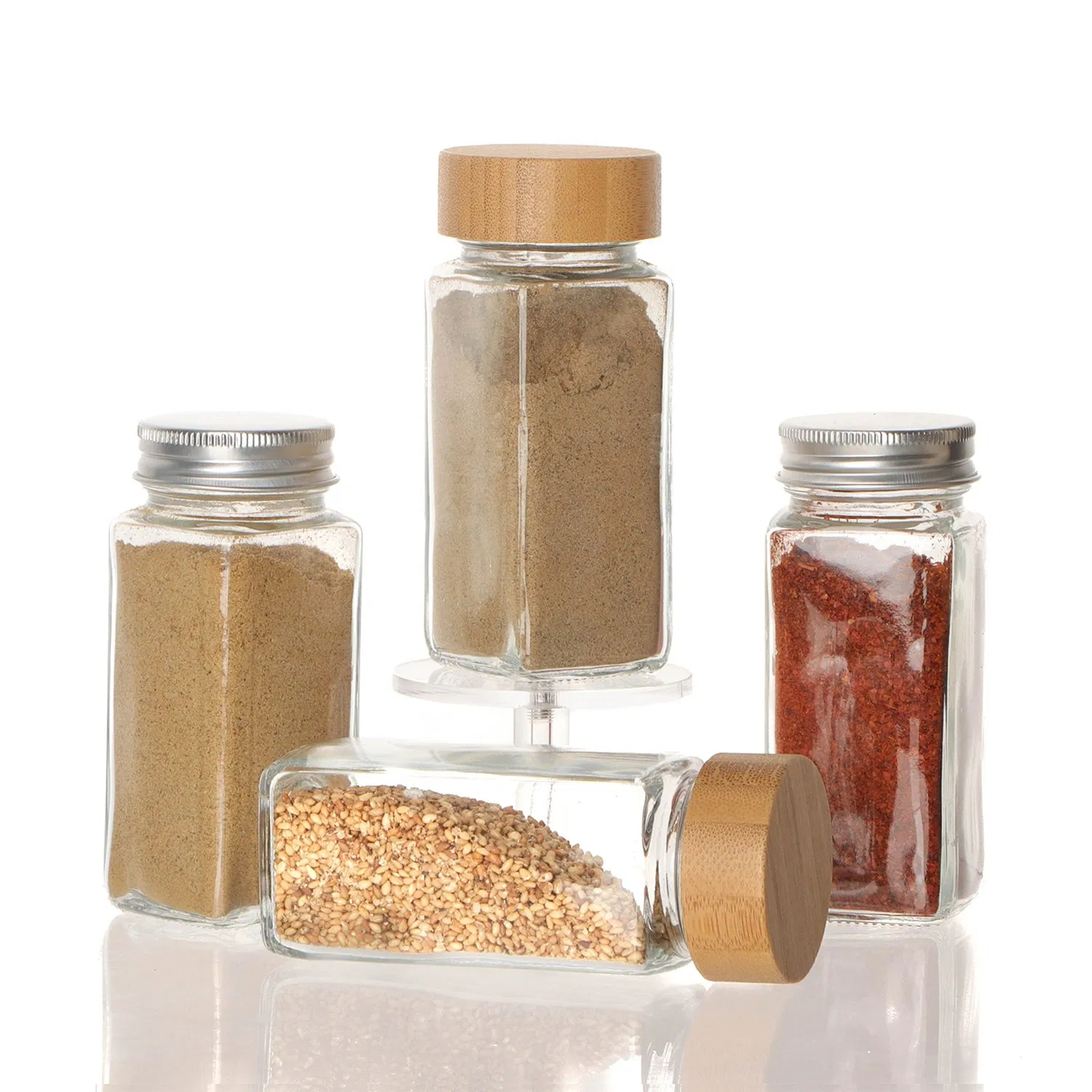 Empty Square Clear Glass Seasoning Bottles with Black Aluminum Cap