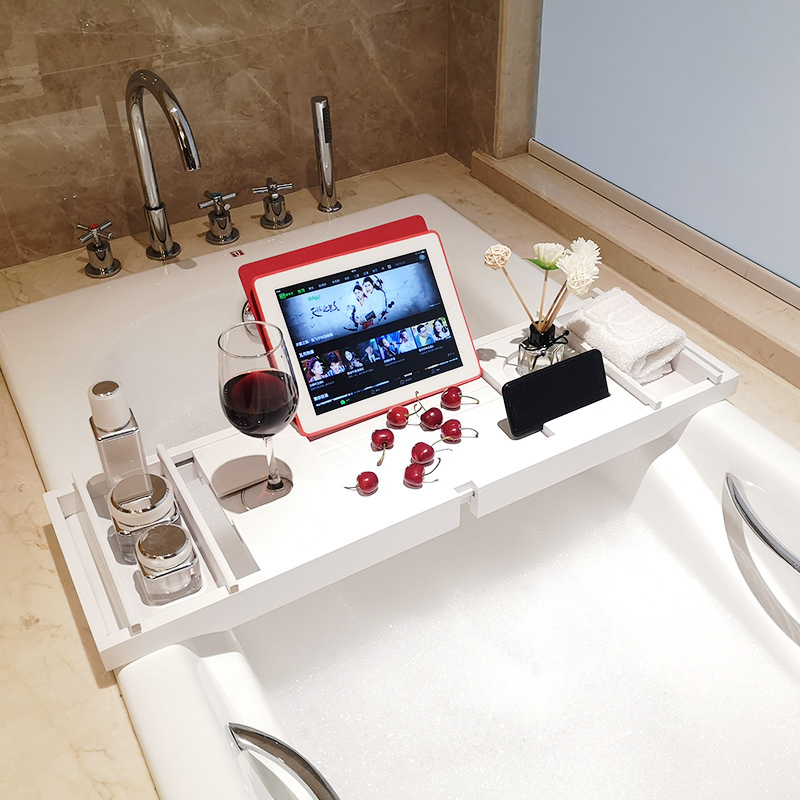 Elegant White Bamboo Bathroom Storage Rack with Phone Holder
