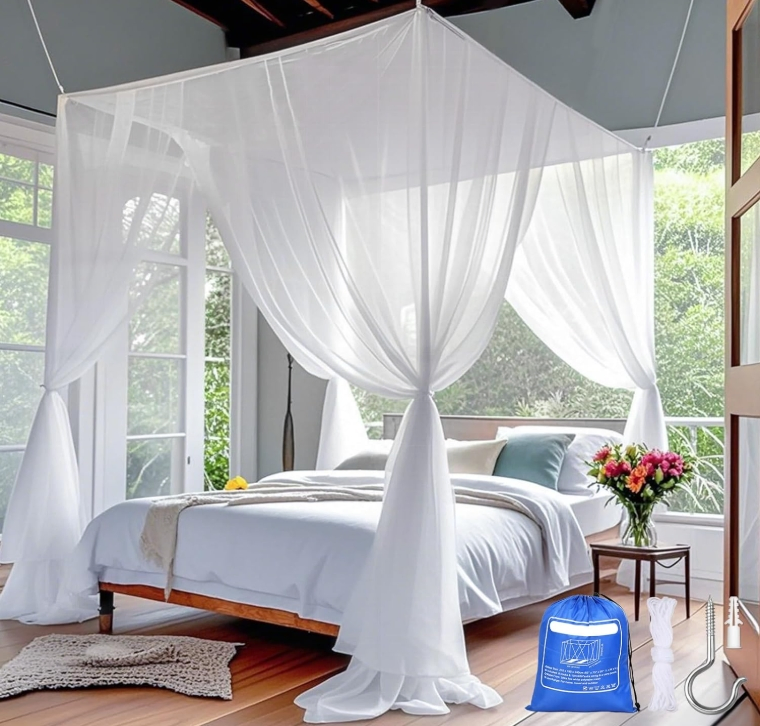 Canopy for Bed 4 Corner White Canopy Bed Curtains, Mosquito Net Bed Canopy for Twin King Queen Full Size Bed, Canopy Bed Curtains Drapes for Indoor Outdoor Room