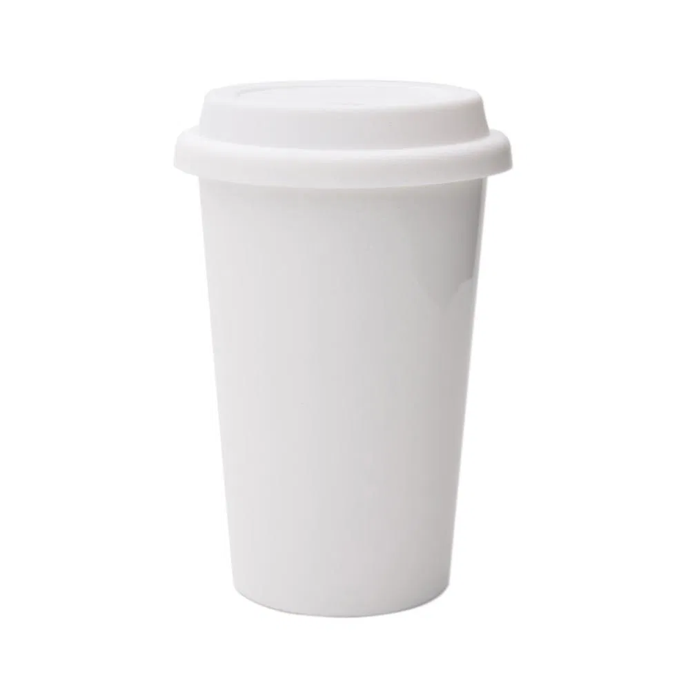 Double Wall Insulated Travel Coffee White Ceramic Mug with Lid
