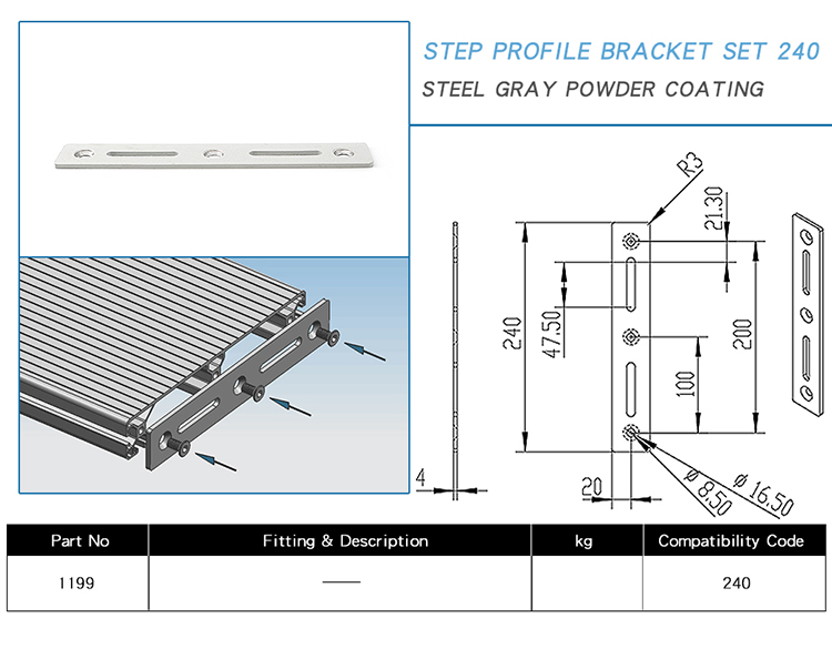 1199 Step Aluminium Profile Bracket Steel Plate Connector 240 Series in Grey Powder Coating in Steel Material From Msr Factory