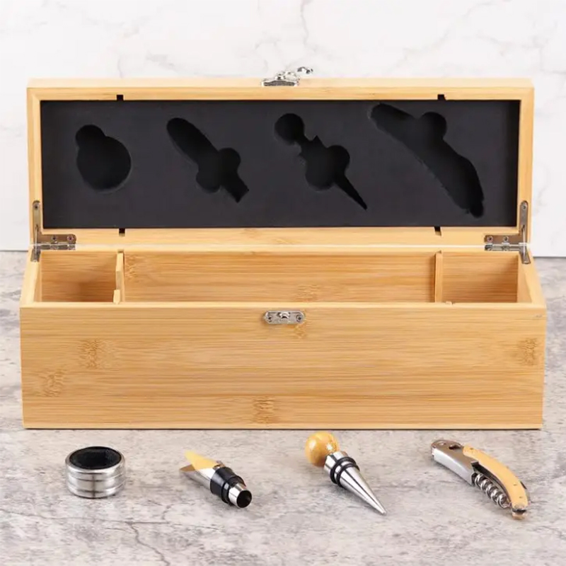 Bamboo Wood Wine Gift Box with Accessories, Wine Case with Tools Set