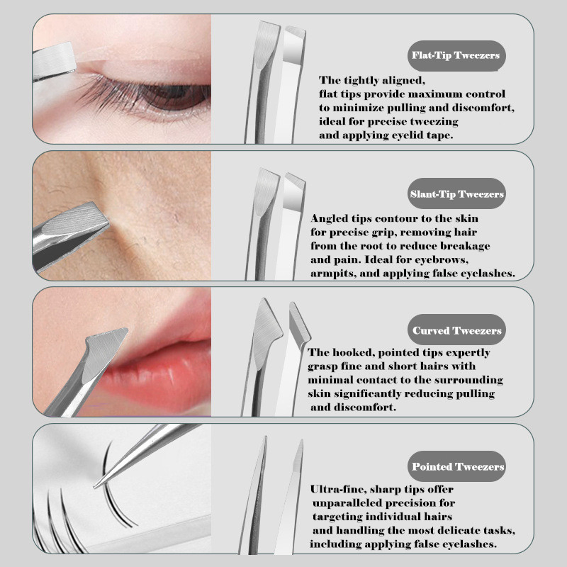 Grooming Slant Pointed Flat Curved Tip Eyelash Makeup Beauty Eyebrow Tweezer Set