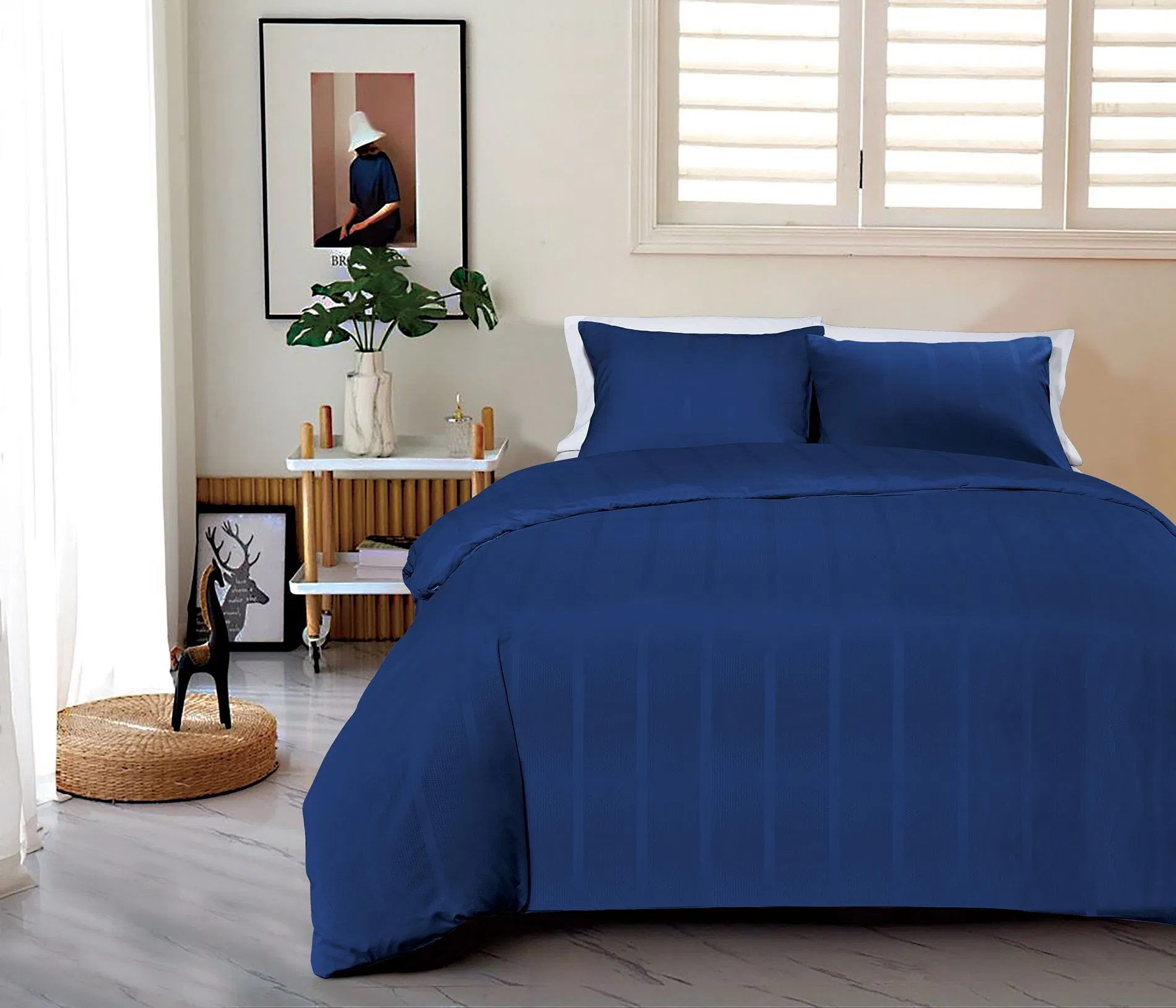 High-Quality Well Brushed and Soft, Anti-Pilling Microfiber Duvet Cover Set, Double Size Royal Blue Color Stripe, Button Closure