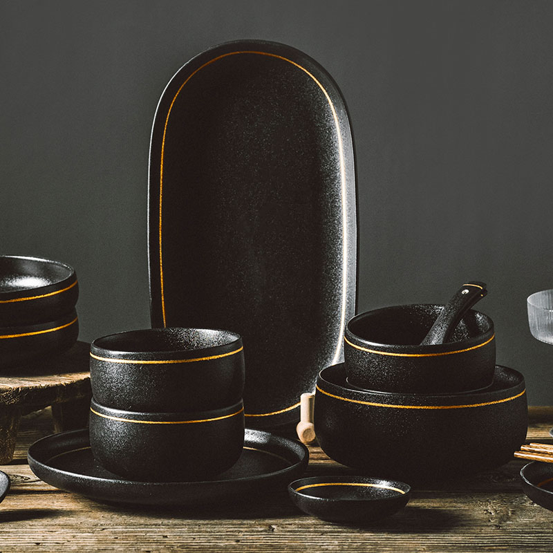 Tableware Soup Bowls Matte Round Golden Line Ceramic Black Ceramic Bowls
