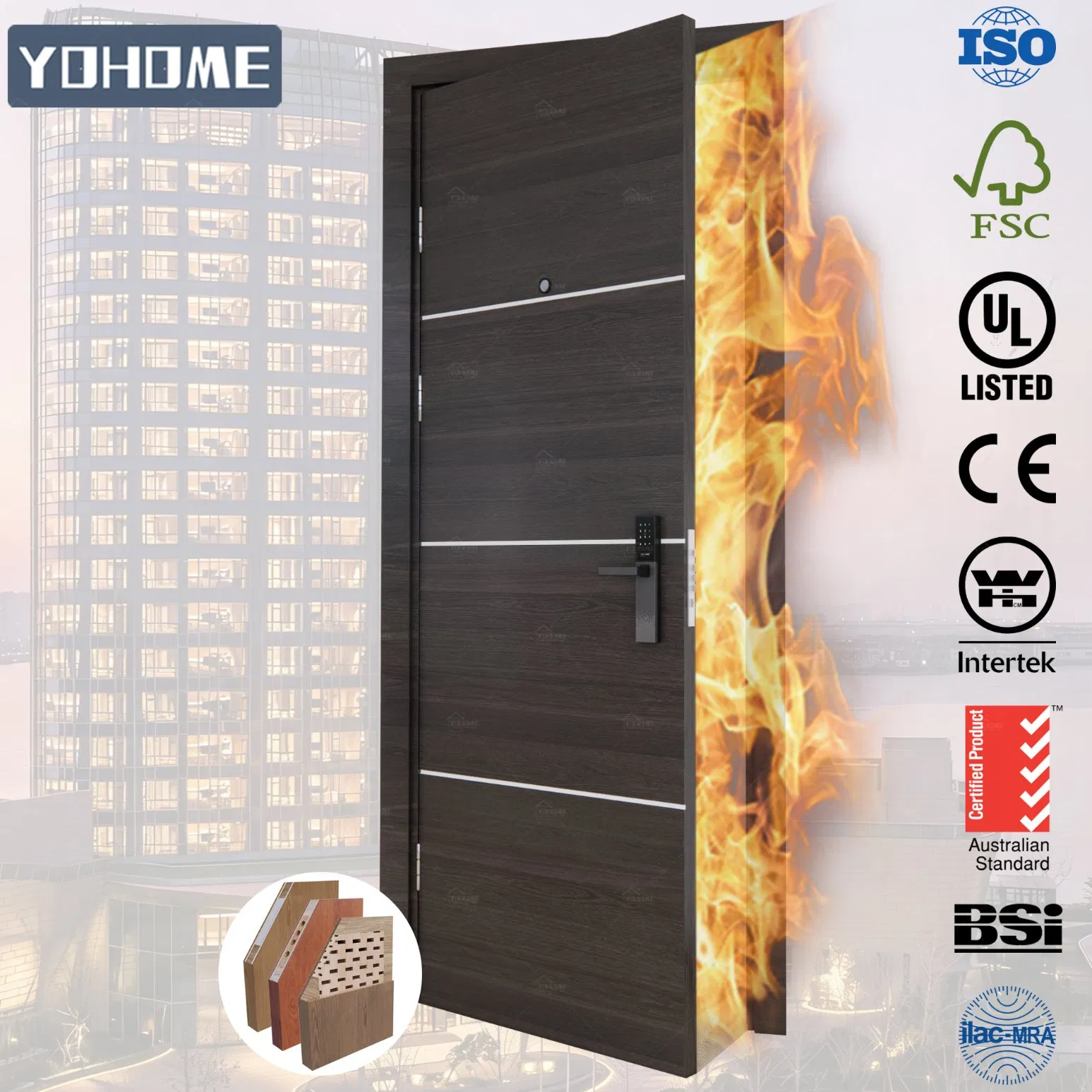 Canada Standard Ulc Fire Door Modern Inside Bedroom Door Entrance Guest Room Fire Rated Hotel Door Soundproof Interior Wooden Doors