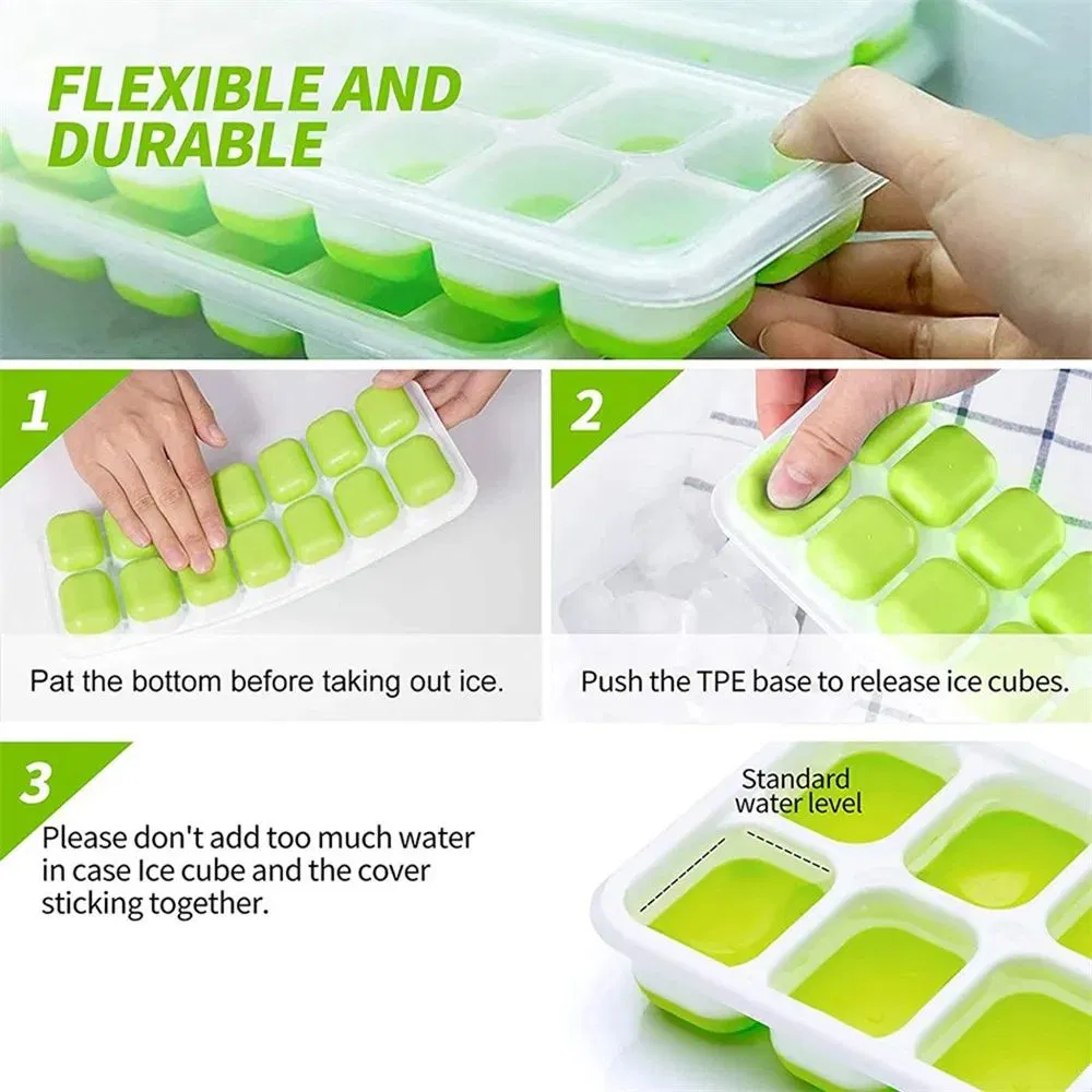 Ice Cube Trays, Silicone Easy-Release 14-Ice Trays with Spill-Resistant Removable Lid, BPA Free, Durable and Dishwasher Safe