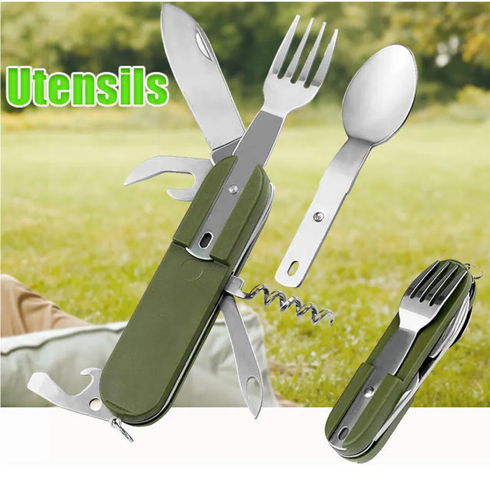 7-in-1 Camping Utensils Portable Stainless Steel Camping Fork Spoon Knife Set for Hiking Picnics