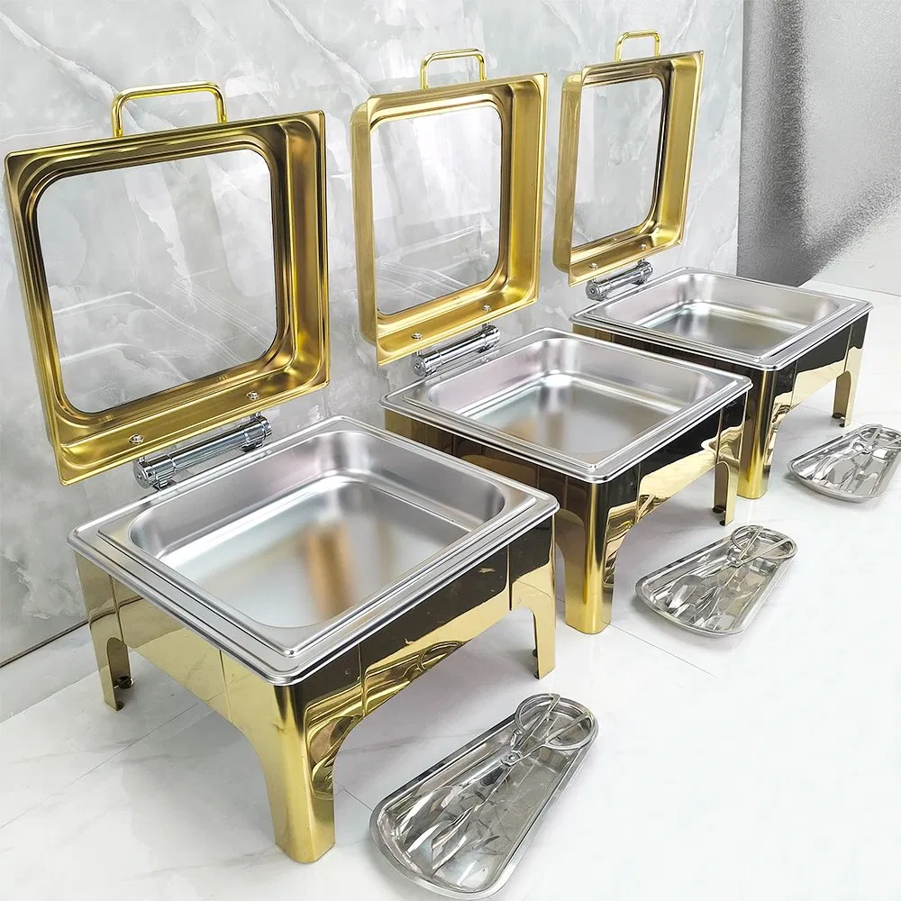 Luxury Commercial Fuel Food Warmer Stainless Steel Chafing Dish Square Glass Lid Modern for Hotel Restaurant Buffets Gold
