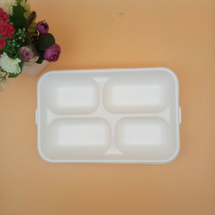 4 Divided Compartment Rectangle Sugarcane Bagasse Plates Tray