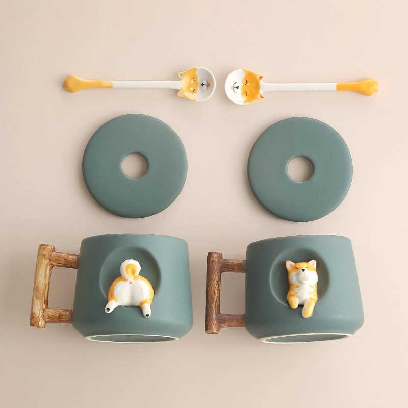 Creative Ceramic Personality Cute Mug with Lid Spoon Coffee Cup Shiba Inu Cup Gift