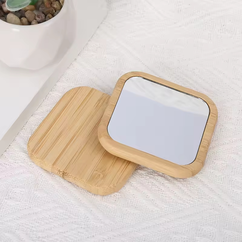 Custom Eco Friendly Small Round Square Bamboo Wood Pocket Mirror Travel Portable Wooden Makeup Mirror