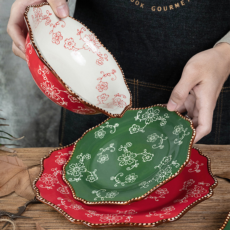 Hand Painted Dinnerware Ceramic Dinner Dishes Microwave Safe Plates Tableware Set