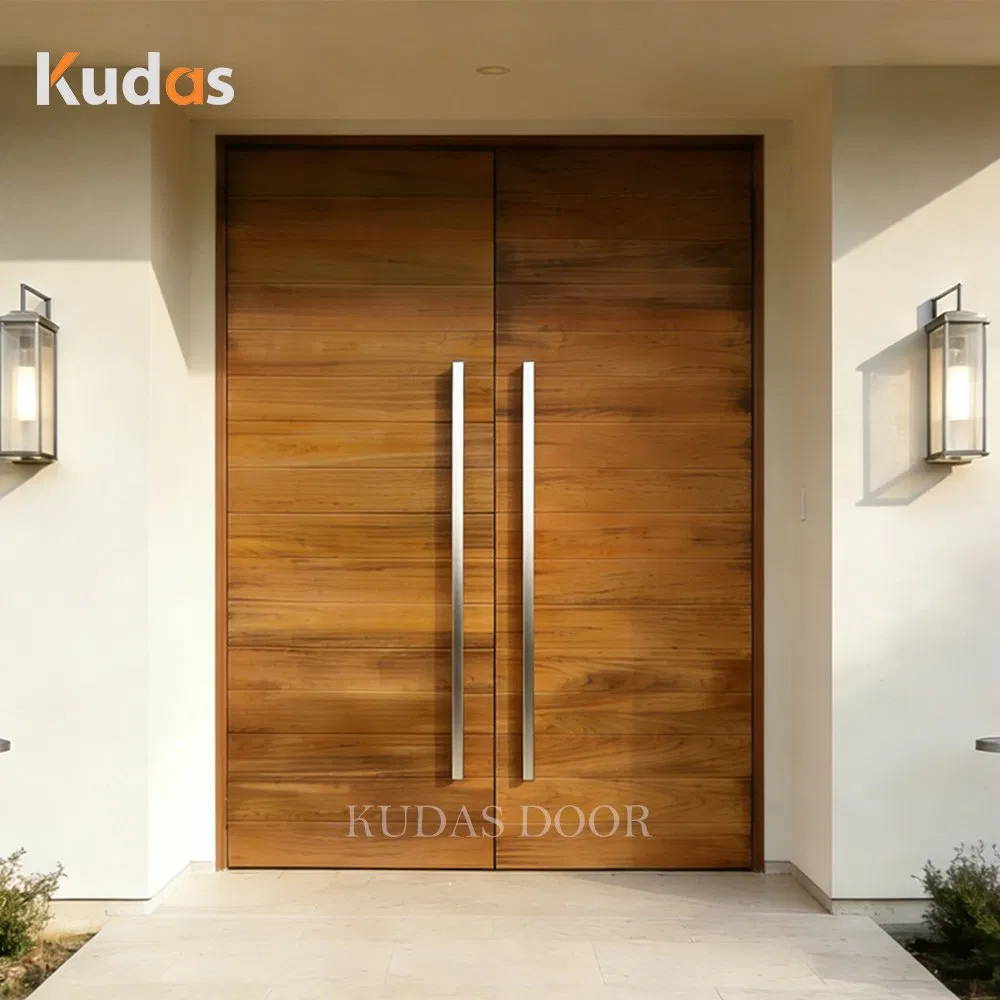 Natural Teak Solid Wood Exterior Swing Entrance Pivot Front Wooden Double Doors