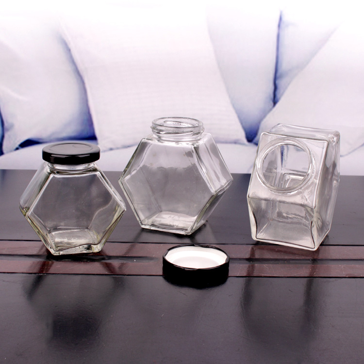 High Quality 100ml 150ml 280ml 400ml Flat Hexagonal Honey Jam Food Jar with Metal Twist off Lid