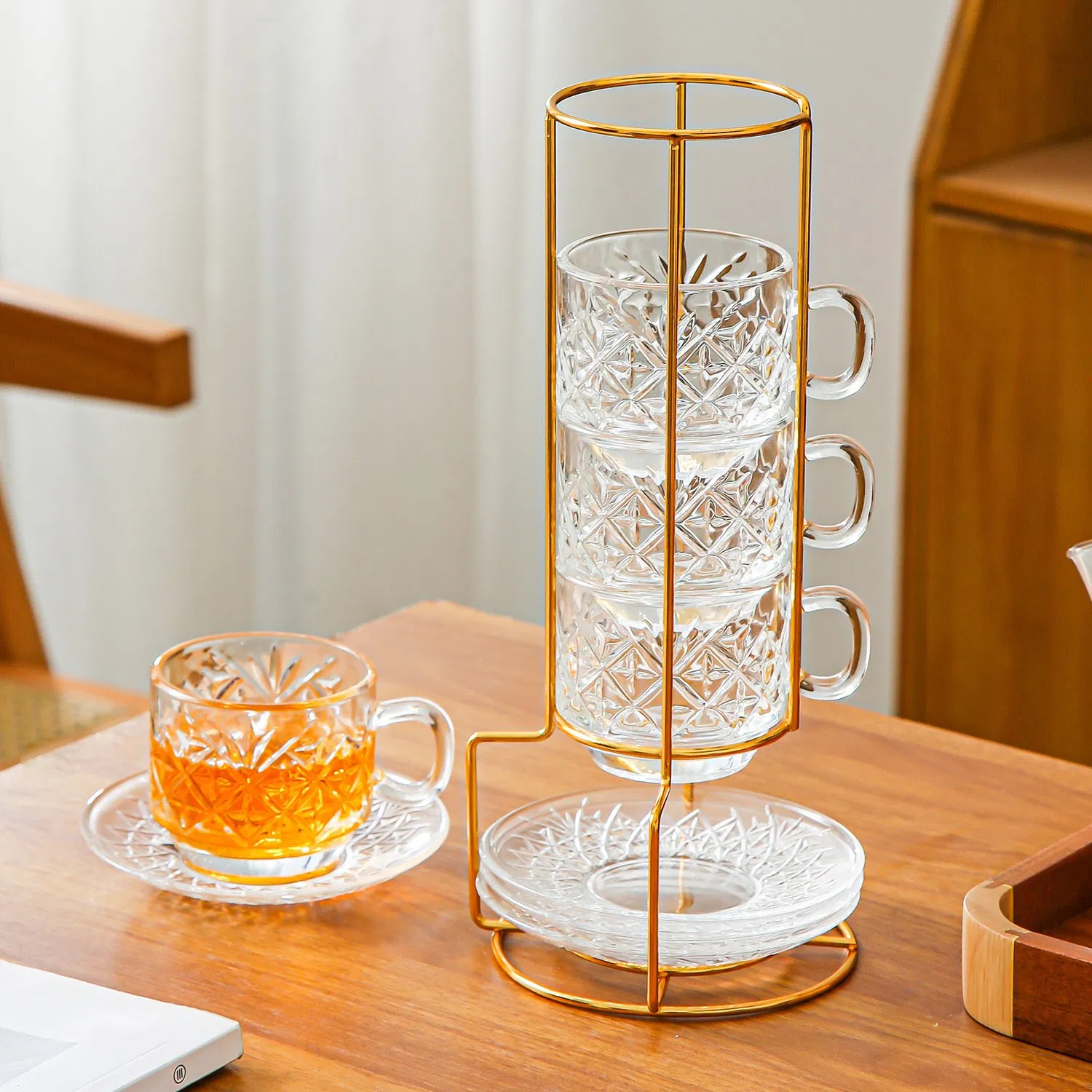 Creative Plate and Cup, Glass Cup, with Storage Rack, Stacking Cups, European-Style Mug, Coffee Cup and Saucer Set