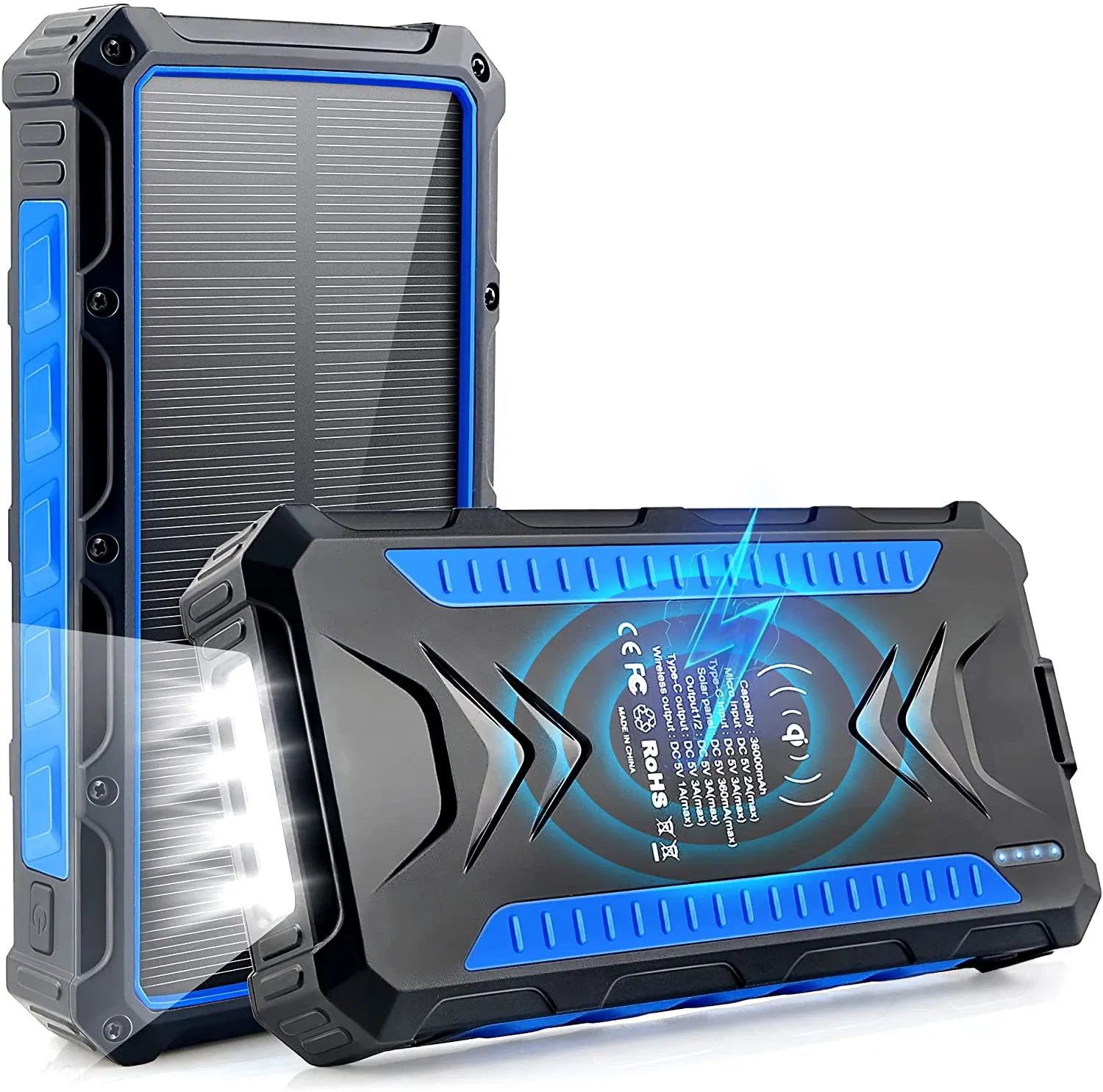 Портативное зарядное устройство 36000mAh с солнечной панелью и беспроводной зарядкой