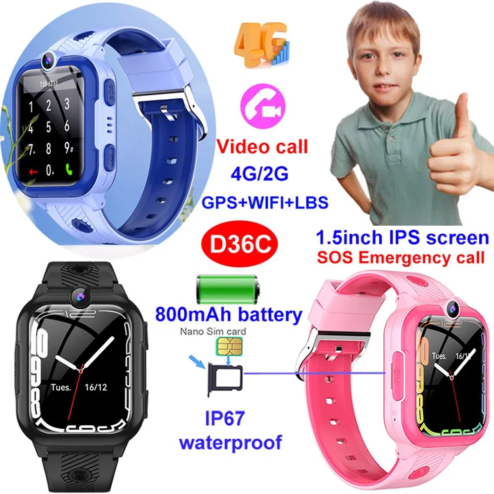 Детские умные часы GPS D36C с видеозвонками, 4G, IP67