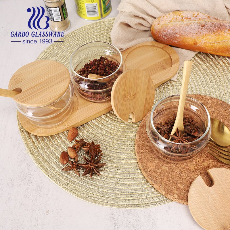 3PCS Set Hand-Made Borosilicate Storage Jar with Wood Lid Spoon